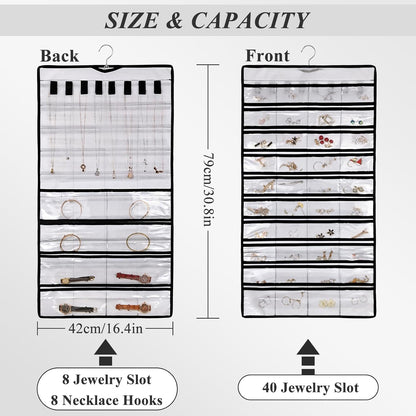 Hanging jewelry organizer with transparent PVC pockets