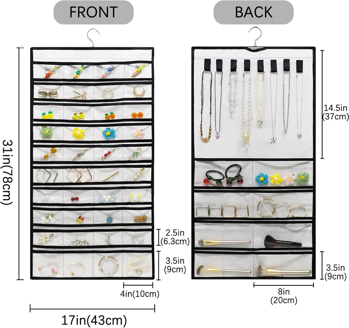 Space-saving hanging jewelry organizer