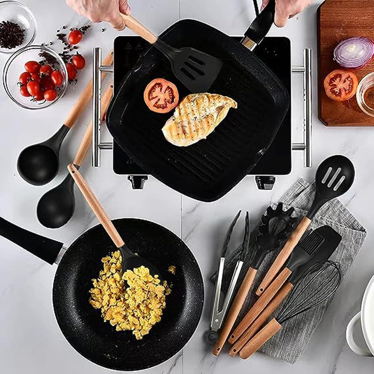 Heat-resistant silicone cooking utensils