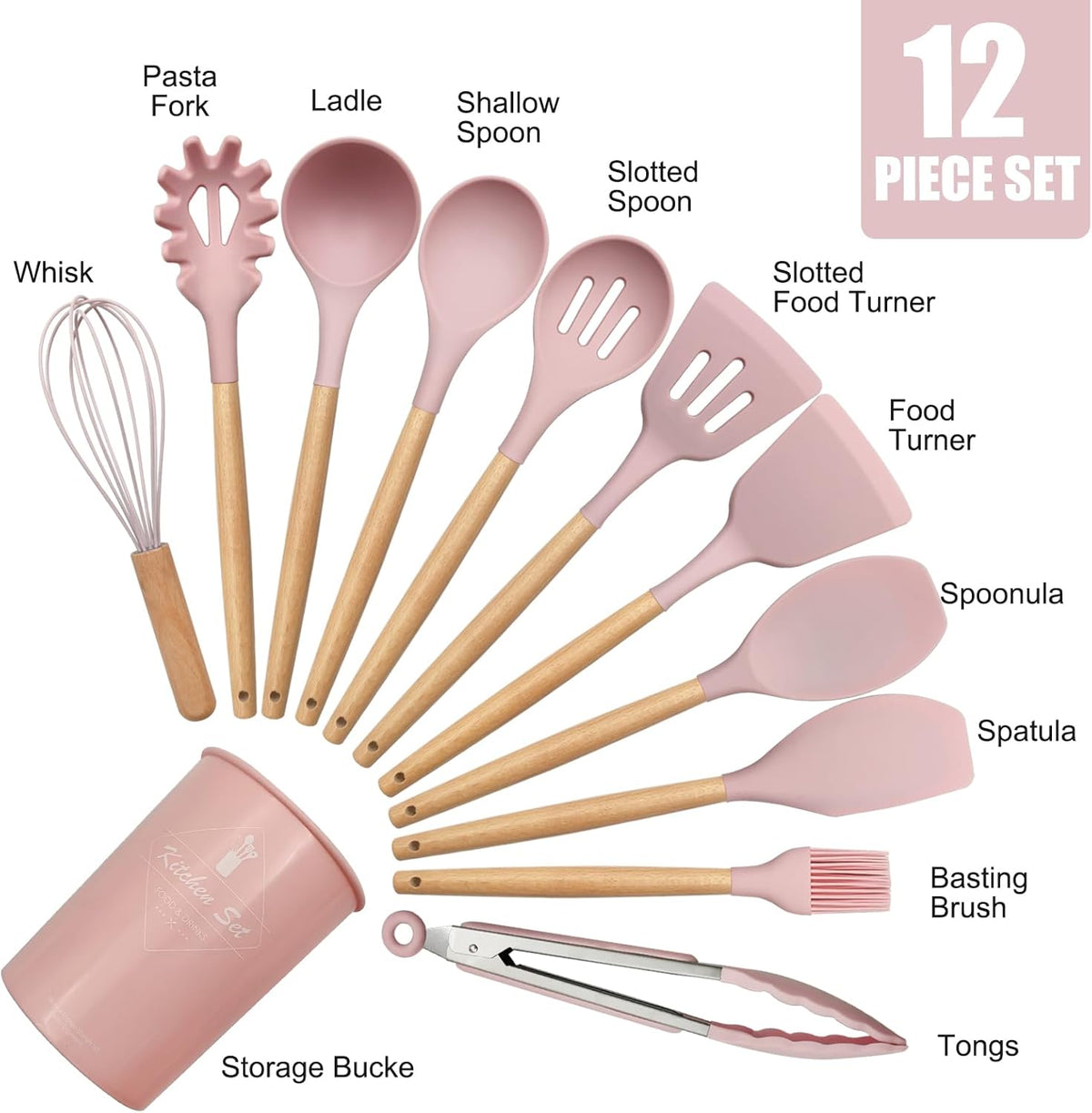 Kitchen silicone utensils set in pink