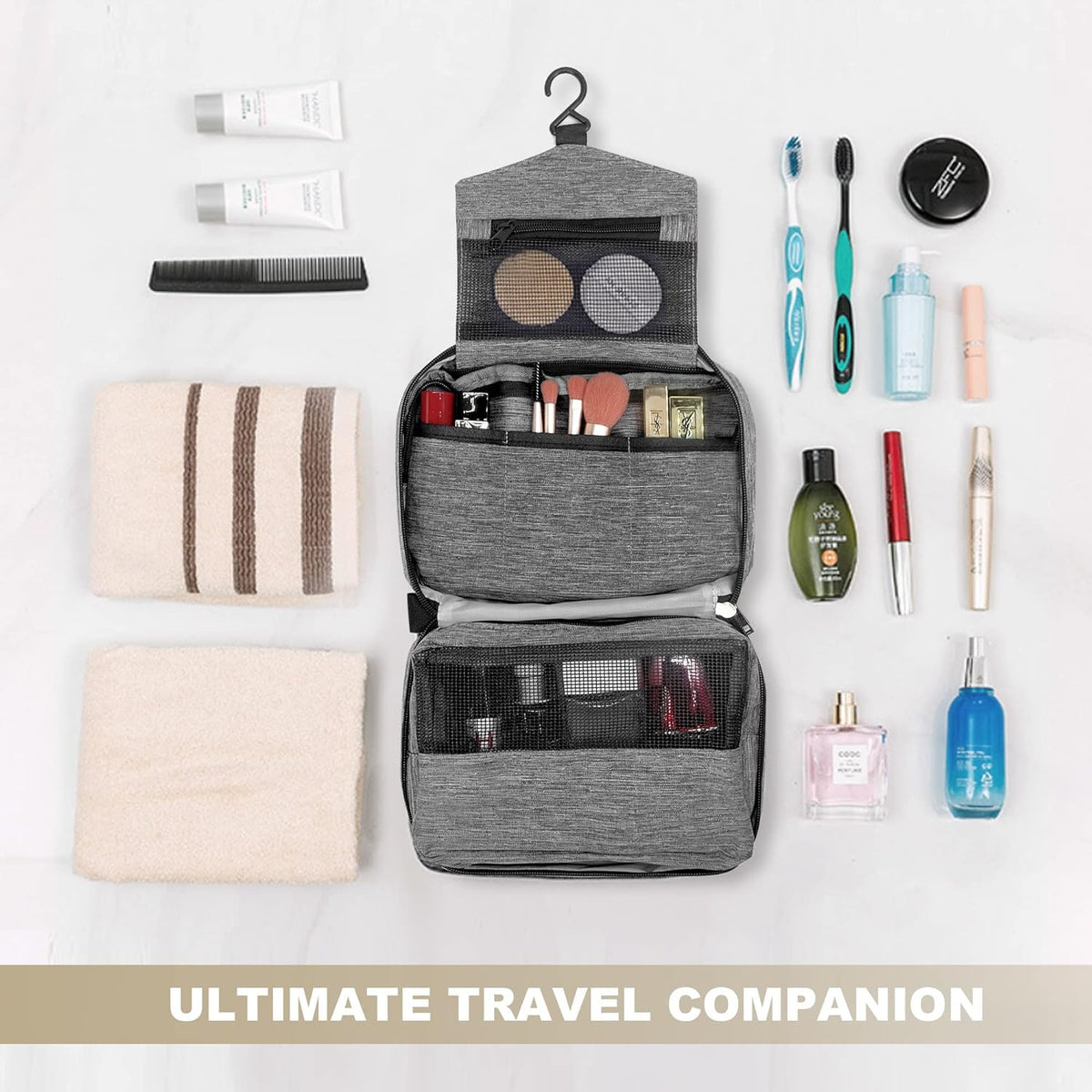 Makeup and toiletries travel bag with 4 compartments