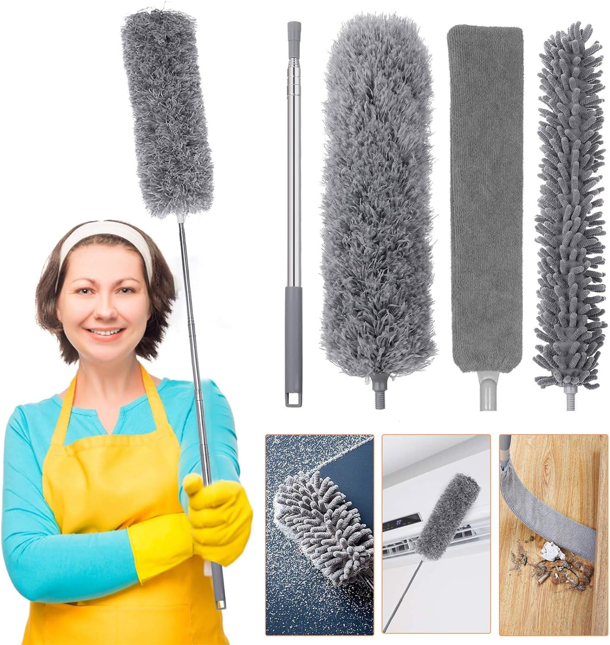 Microfiber extendable duster, 3 heads in 1