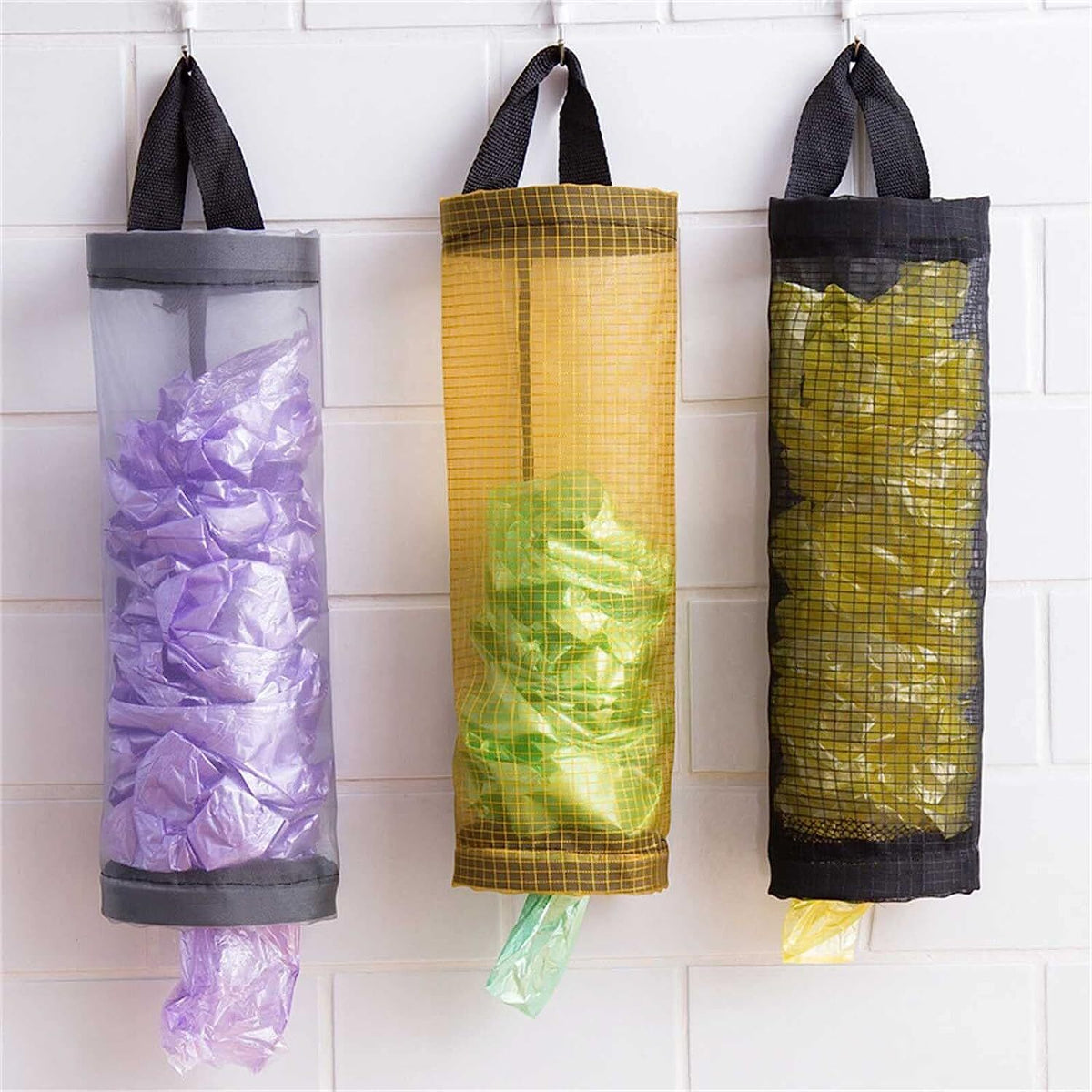 Mesh plastic bag holder in grey