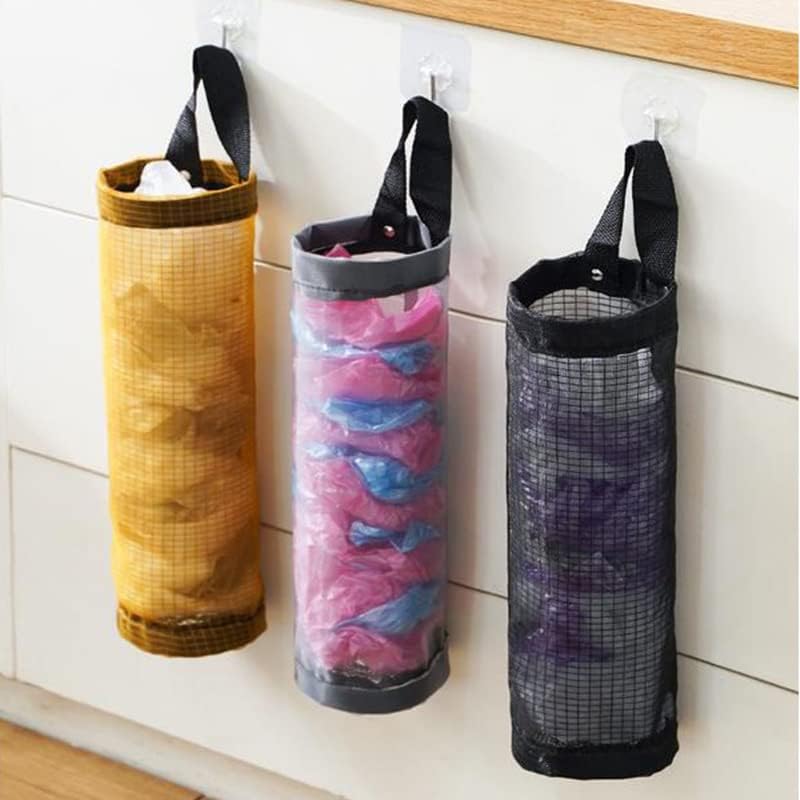 Hanging mesh garbage bag organizer with cylindrical sleeve design