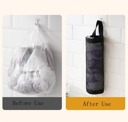 Mesh plastic bag holder made of sturdy, reusable polyester mesh