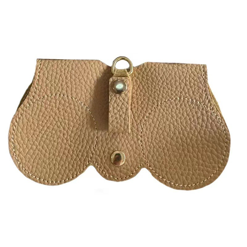 Portable sunglasses holder in beige soft PU leather with metal snap button