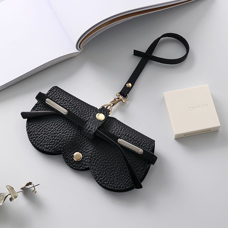 Portable sunglasses holder in black soft PU leather with metal snap button