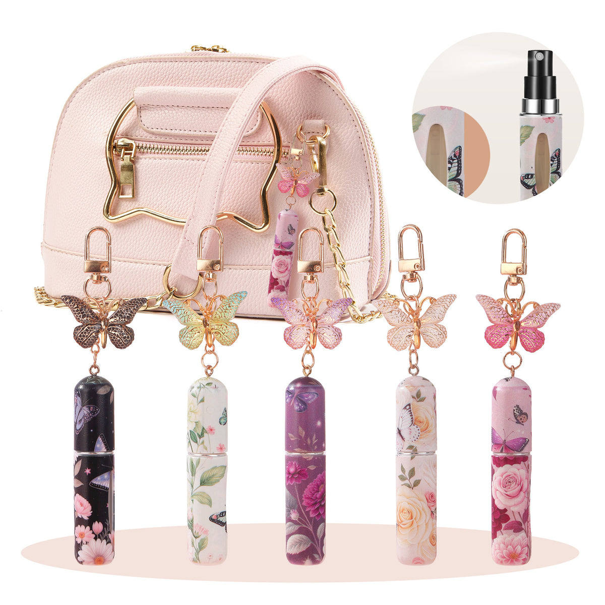 Butterfly keychain perfume bottle used as a cute bag charm