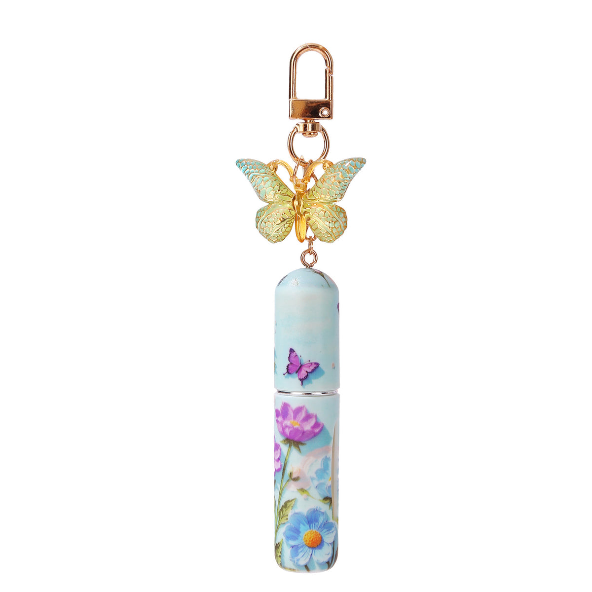 Refillable keychain perfume bottle with blue butterfly pendant