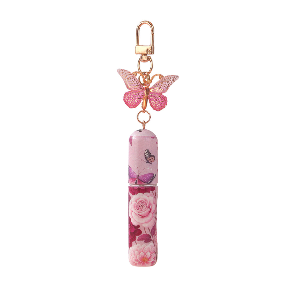 Refillable keychain perfume bottle with dark pink butterfly pendant