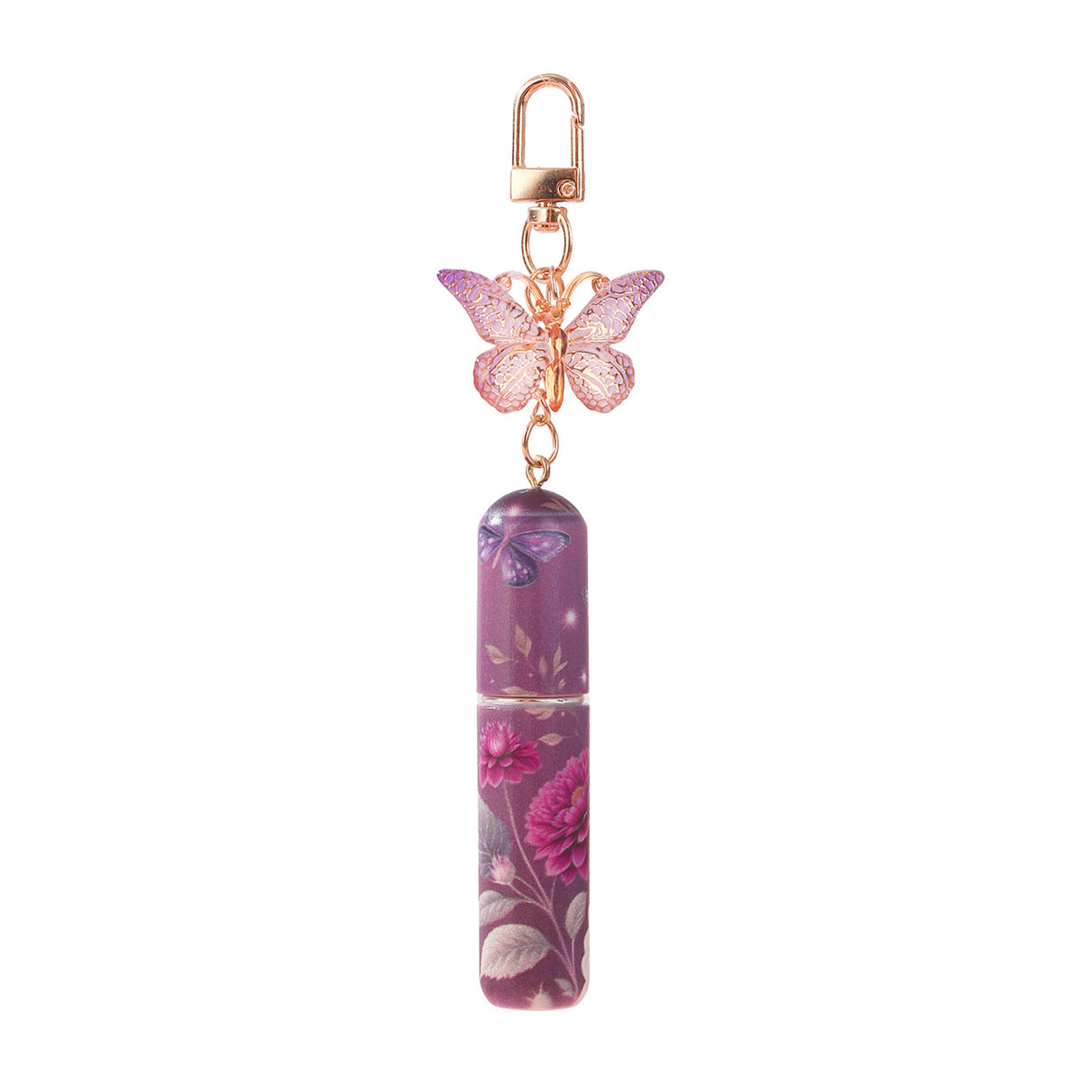 Refillable keychain perfume bottle with dark purple butterfly pendant