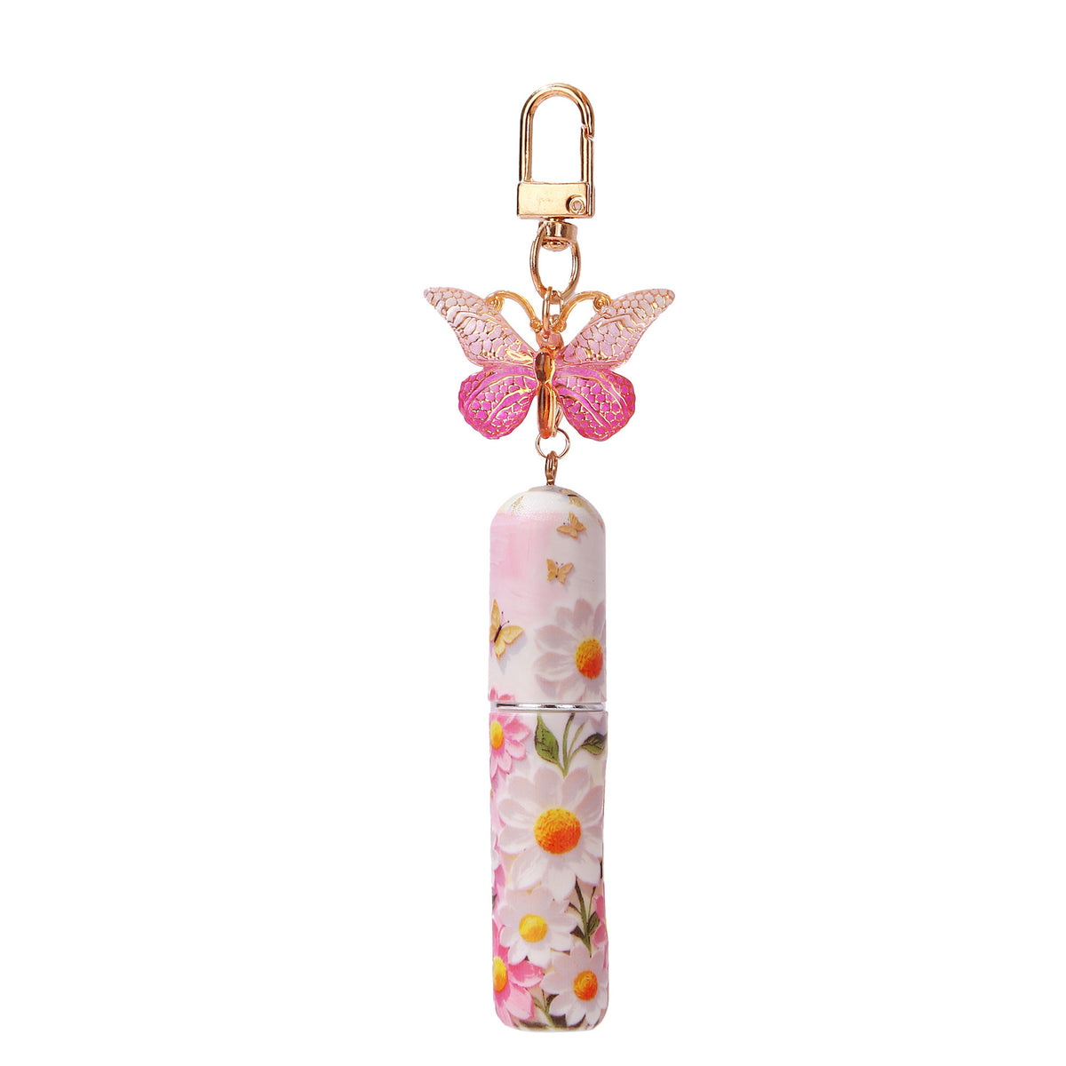 Refillable keychain perfume bottle with light pink butterfly pendant