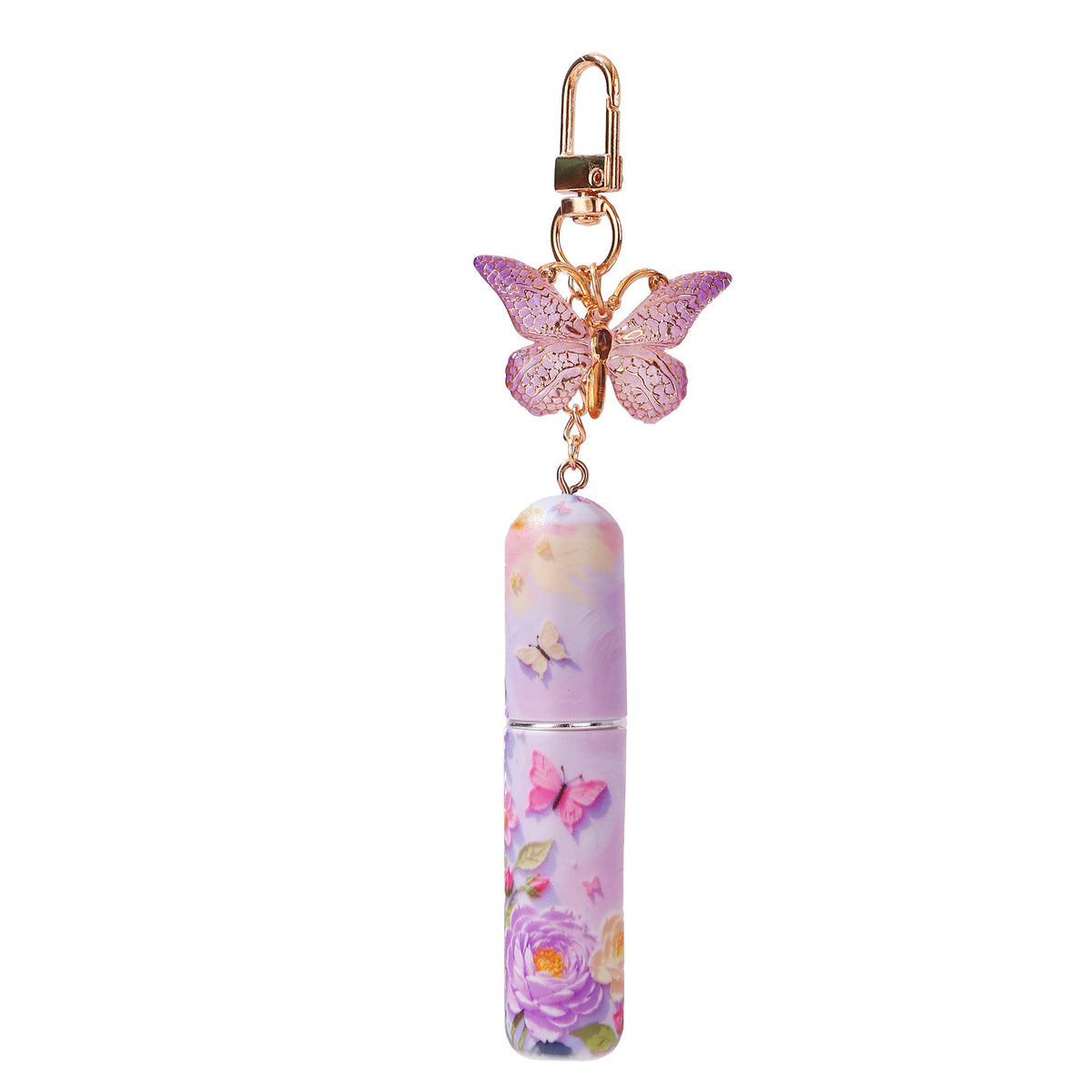 Refillable keychain perfume bottle with light purple butterfly pendant