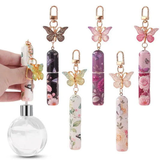 Refillable keychain perfume bottle with butterfly pendant to hang on bags or keys