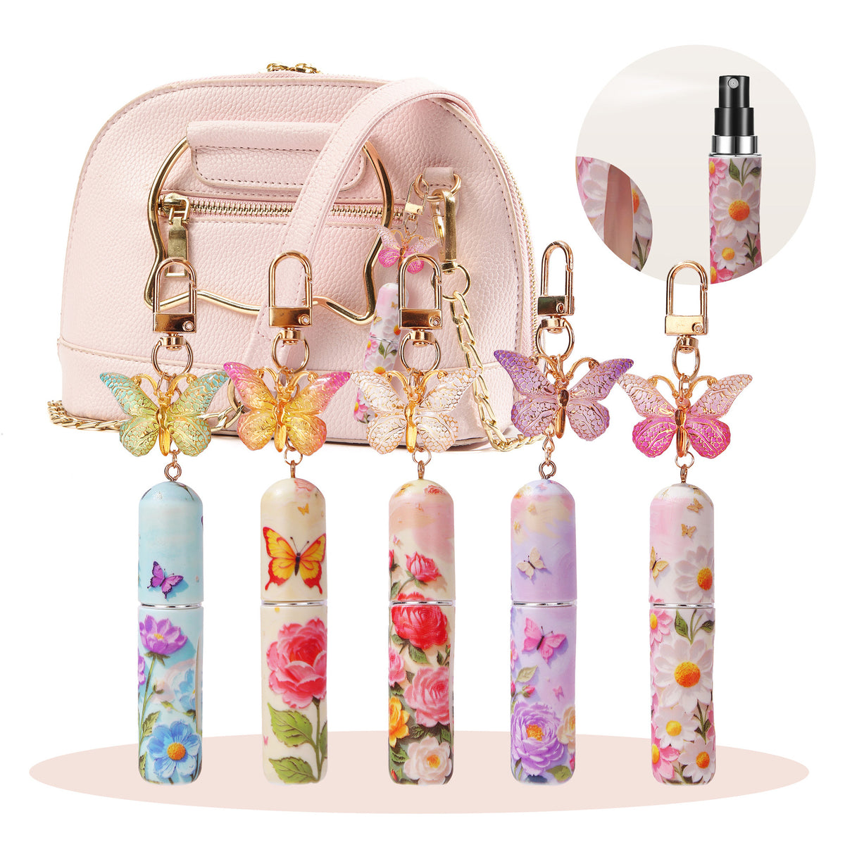 Empty refillable perfume bottle keychain in multiple butterfly colors
