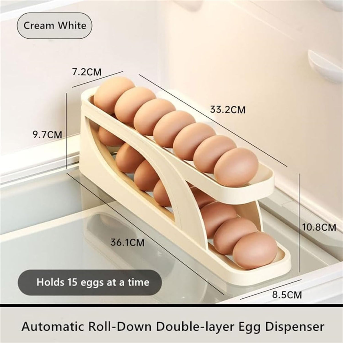 Rolling down egg rack that dispenses eggs one at a time