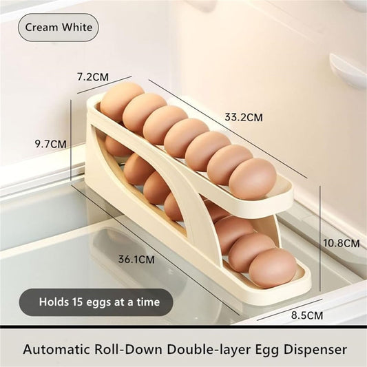Rolling down egg rack that dispenses eggs one at a time