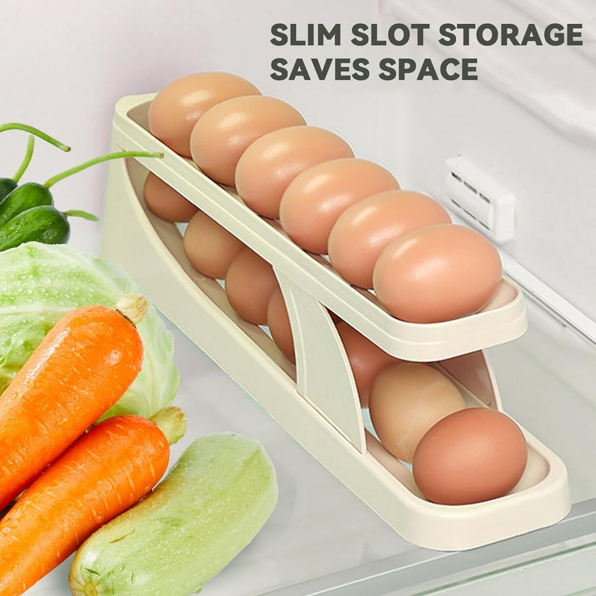 Gravity-fed egg holder for the fridge