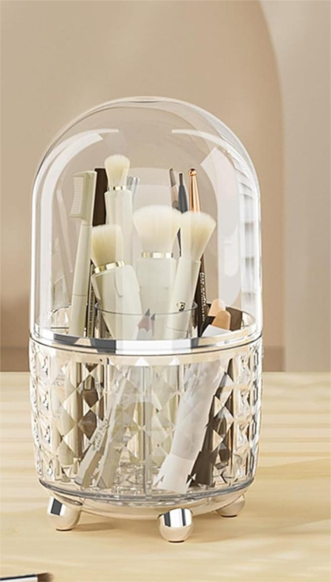 Rotating makeup organizer, transparent base with silver