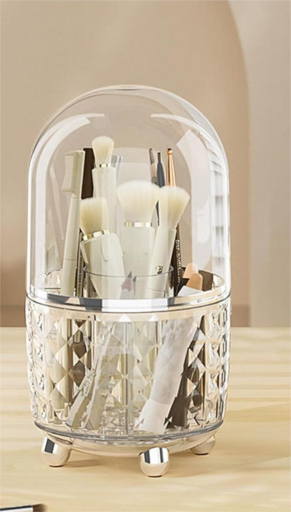 Rotating makeup organizer, transparent base with silver