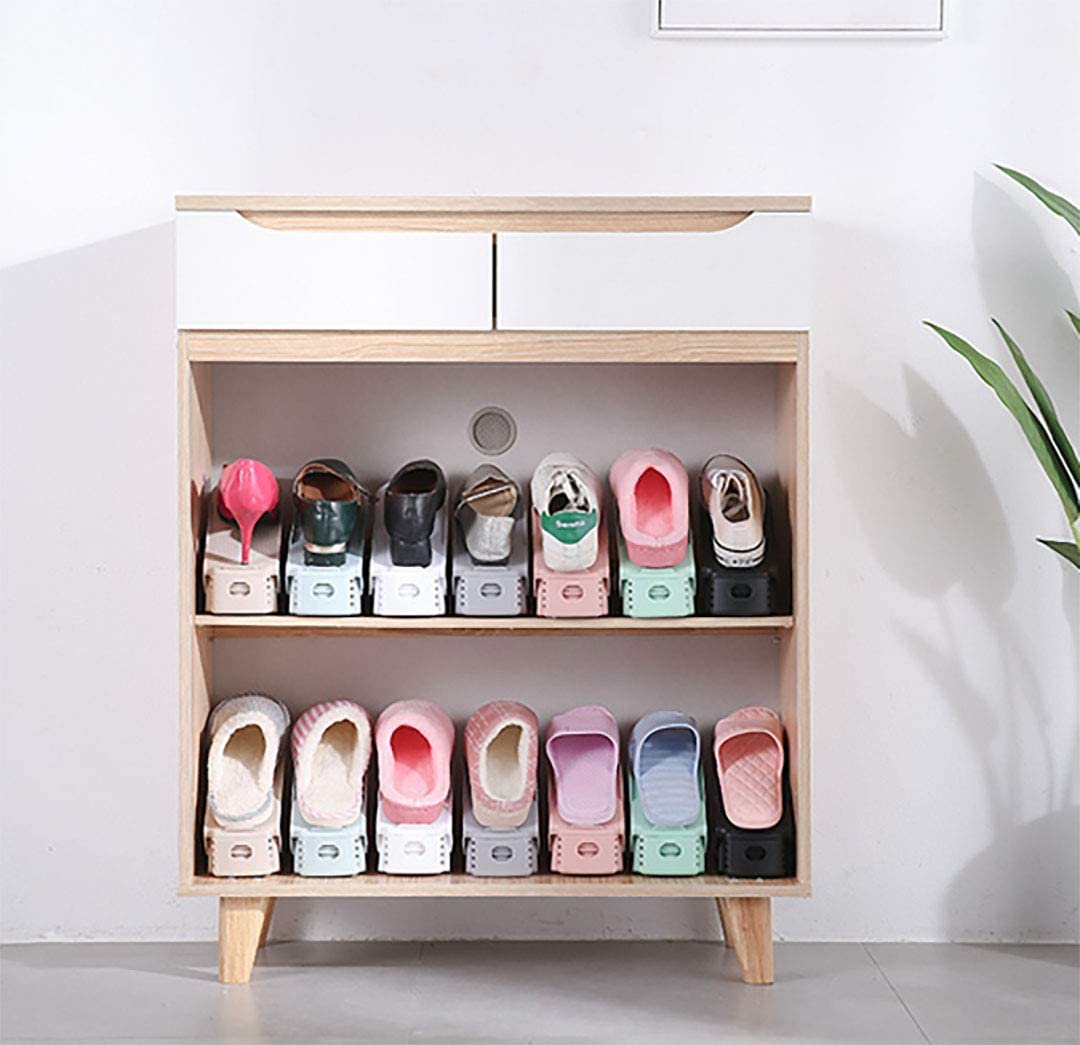 Plastic shoe stacker organizer for closets, suitable for slippers, sandals and sports shoes