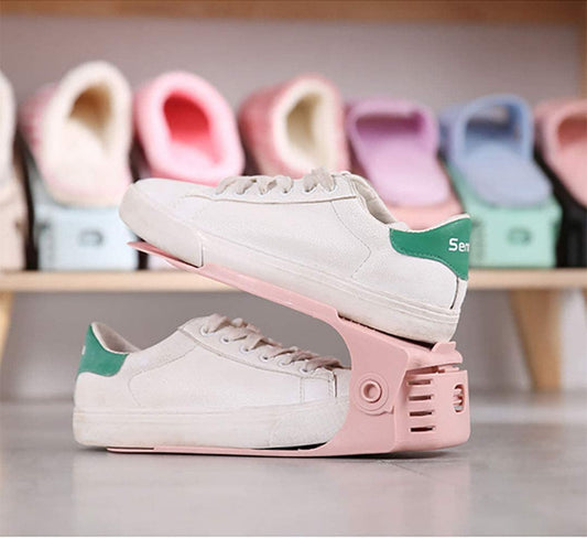 Shoe stacker plastic shoe rack organizer in pink with a double-deck, space-saving design