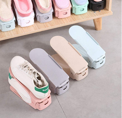 Space-saving shoe stacker that cuts shoe storage space in closets and cabinets by half