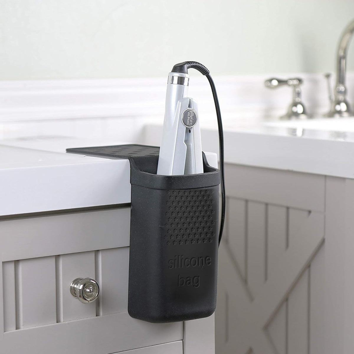 Silicone curling iron holder with stainless steel hook