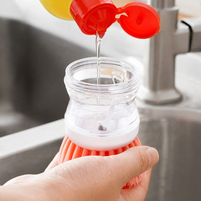 Refillable soap dispensing brush for pots, pans and hot plates
