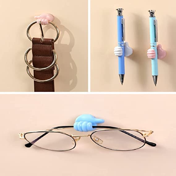 Self-adhesive thumb hook for toothbrushes and towels in the bathroom