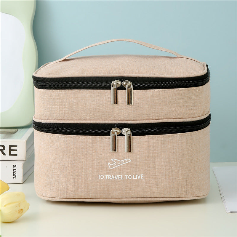 Travel dual layer cosmetic bag in beige
