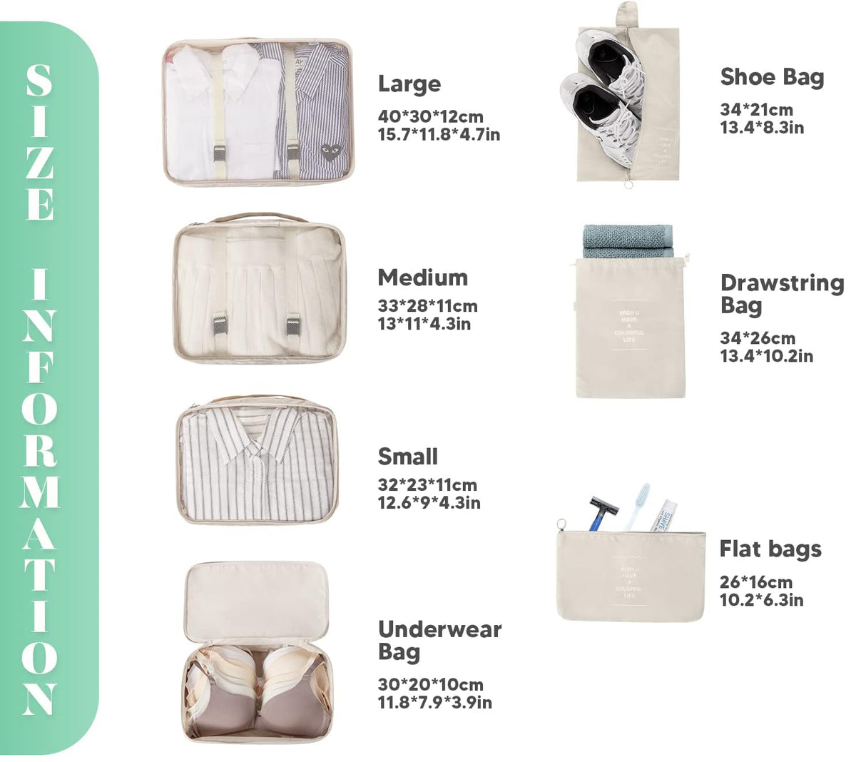 Travel packing organizer size guide
