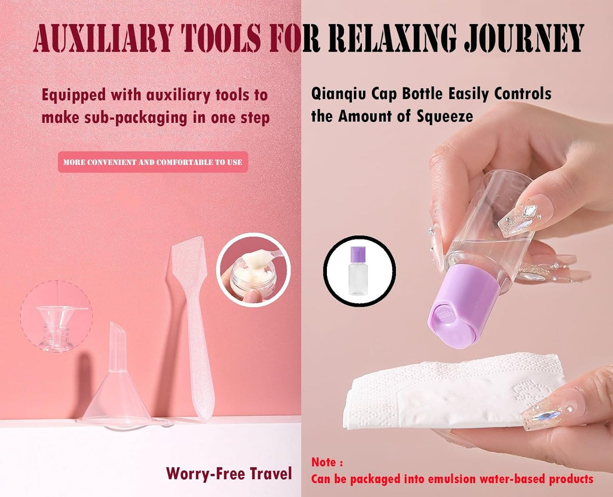 Travel bottles set with funnel and spoon for easy refilling