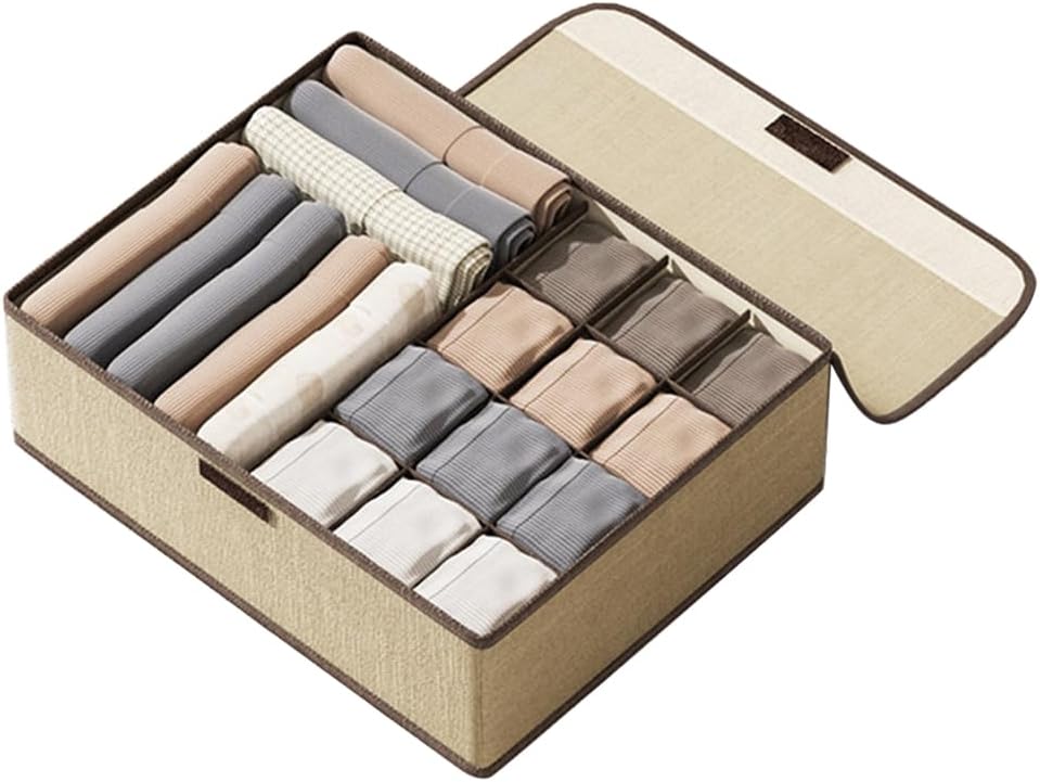 Underwear organizer box with cover, 13 grids in beige
