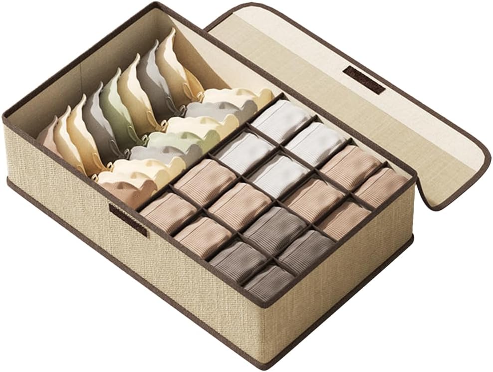 Underwear organizer box with cover, 17 grids in beige