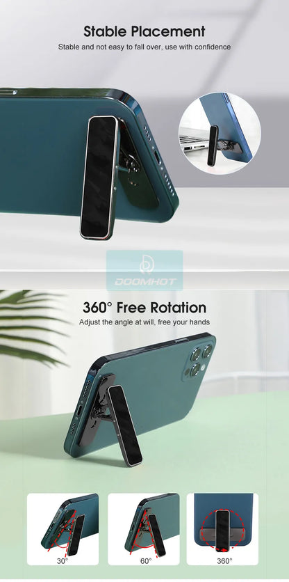 Stick-on metal phone stand that sits flat on your phone