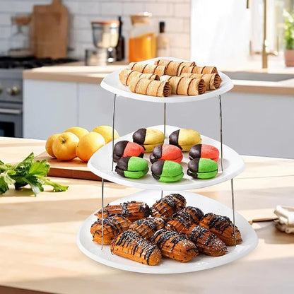 Waf Store Lebanon 3-tier white plastic foldable snack tray holding assorted pastries on a kitchen counter