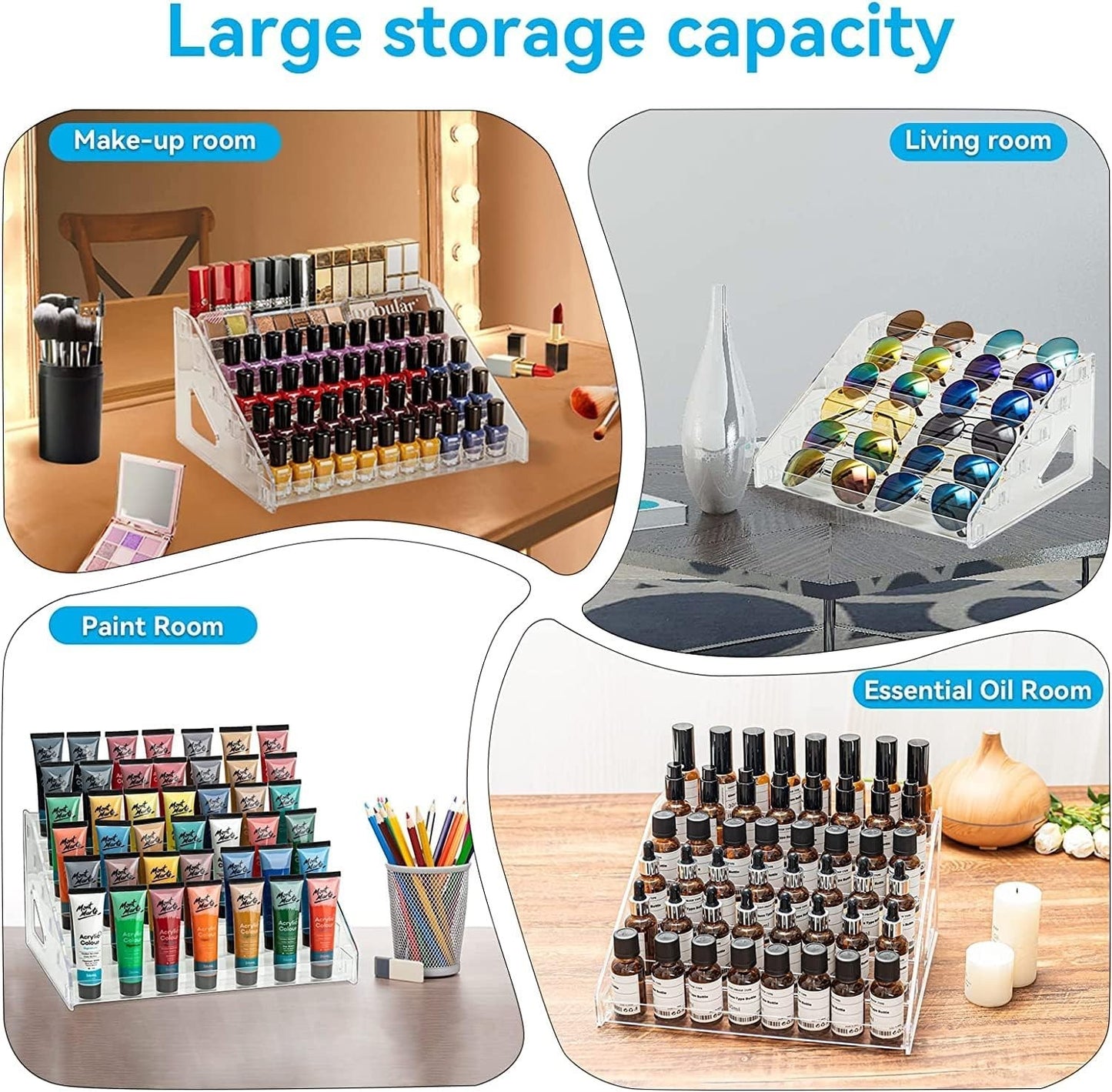 Waf Store Lebanon clear acrylic multilevel display stand for organizing makeup, sunglasses, paints, and essential oils.