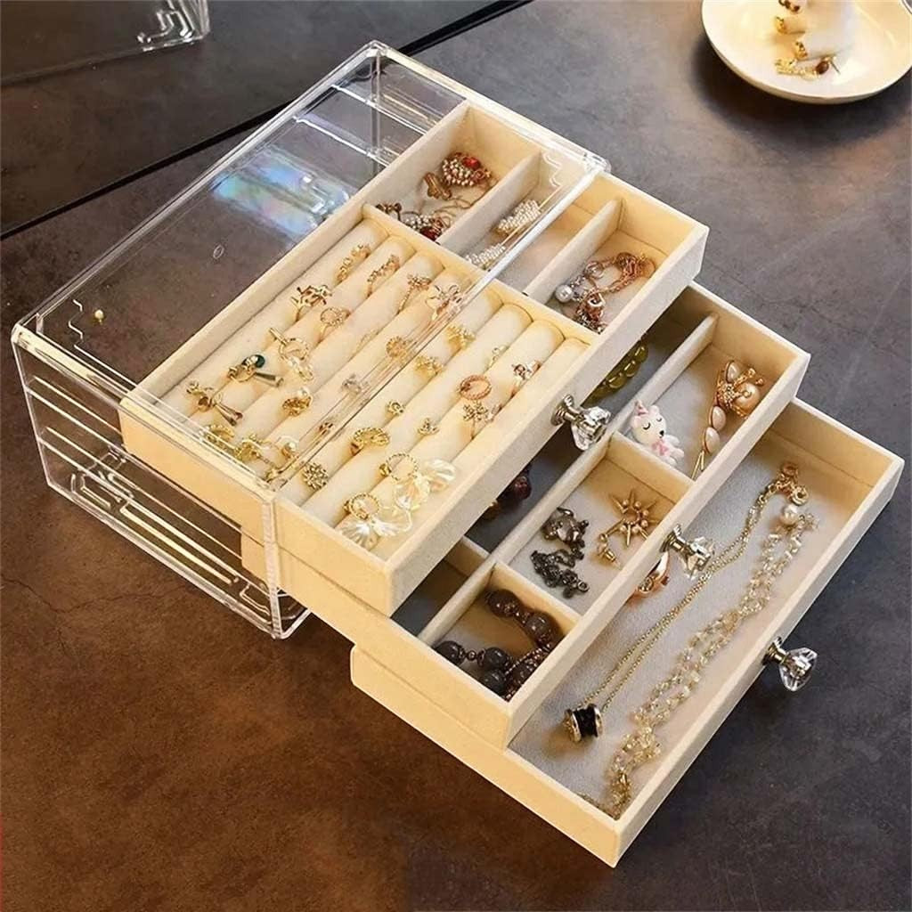 Waf Store Lebanon 3-drawer jewelry box in clear acrylic with soft beige velvet interior for organized accessory storage