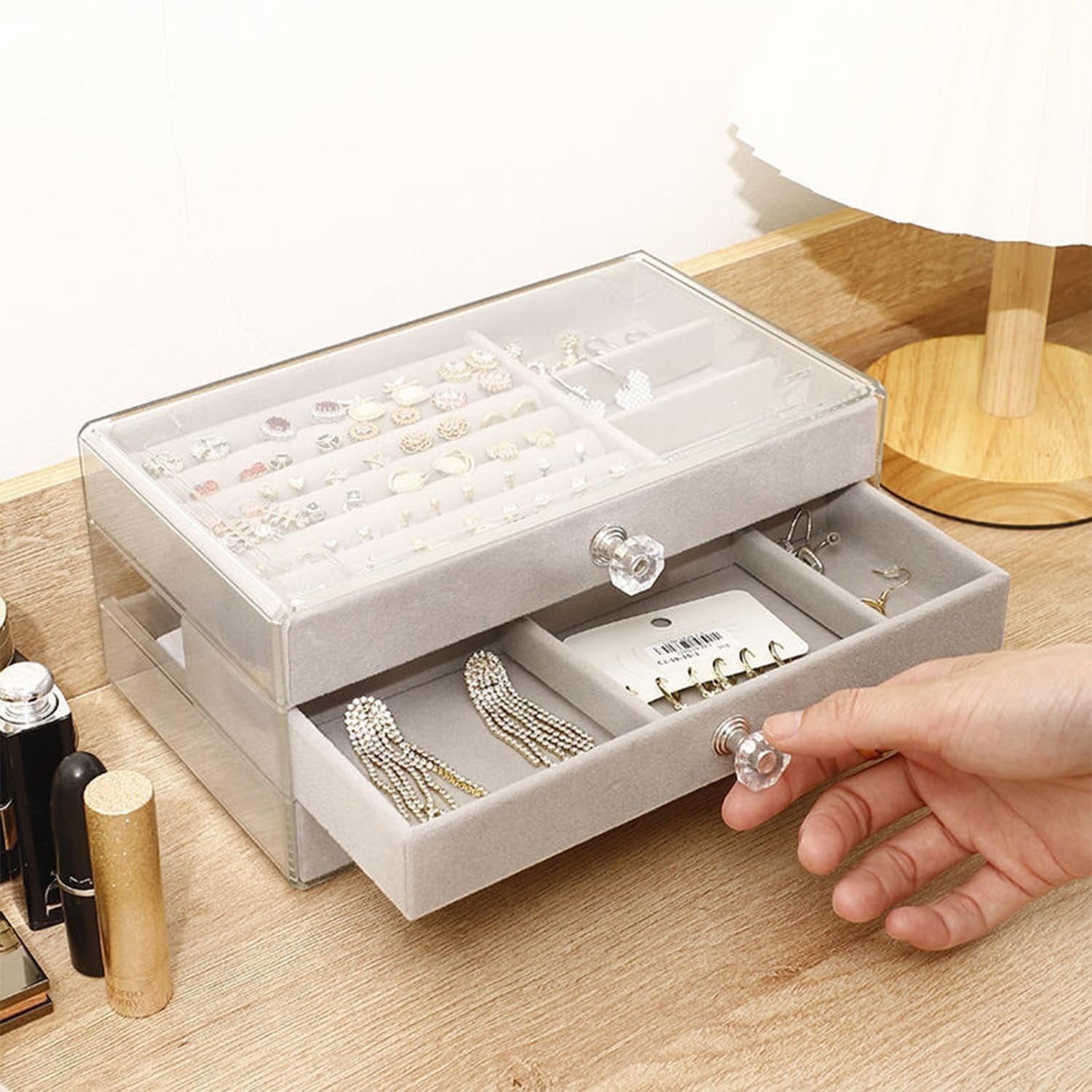 Waf Store Lebanon 3-drawer transparent acrylic jewelry box with soft grey velvet interior and crystal-style knobs