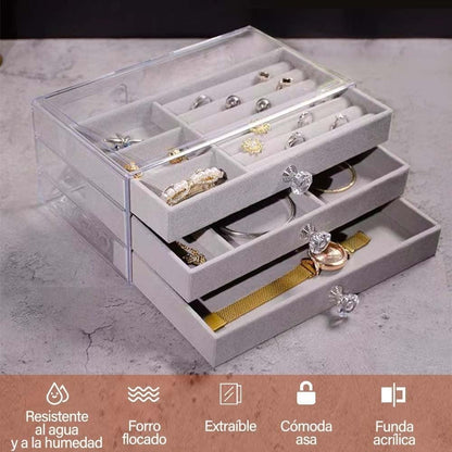 Waf Store Lebanon 3-drawer jewelry box in clear acrylic with soft grey velvet interior and crystal-style drawer knobs.