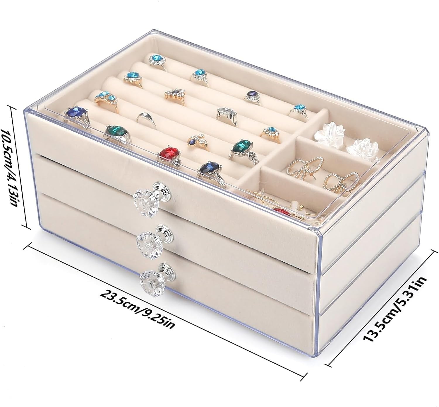 Waf Store Lebanon 3-drawer jewelry box in clear acrylic with soft beige velvet interior and crystal-style knobs.
