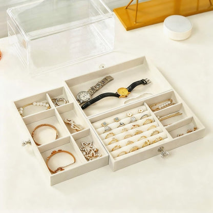 Waf Store Lebanon transparent acrylic 3-drawer jewelry box with soft cream velvet interior and organized compartments.