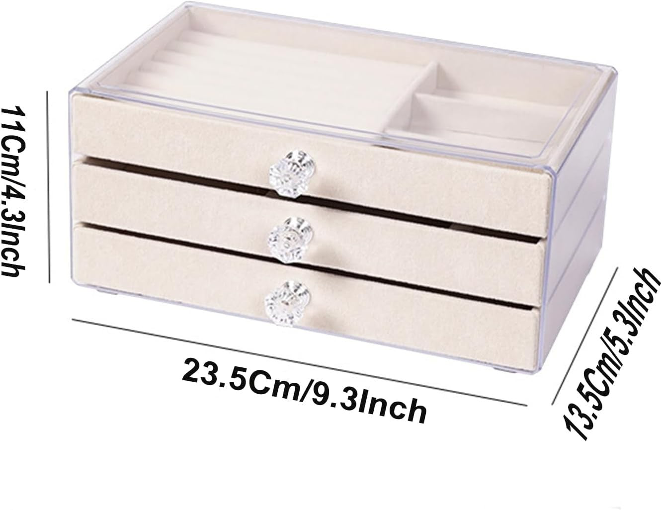 Waf Store Lebanon 3-drawer transparent acrylic jewelry box with soft beige velvet interior and crystal-style knobs.