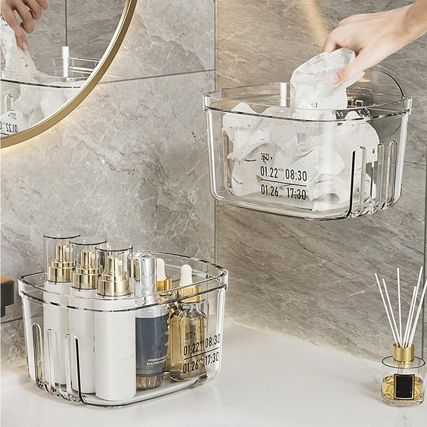 Waf Store Lebanon clear acrylic wall-mounted storage box holding bathroom essentials and tissues on a marble counter.