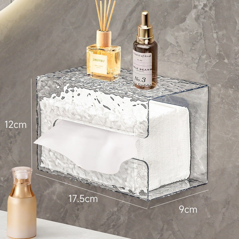 Waf Store Lebanon clear acrylic wall-mounted tissue box with a top shelf for bathroom storage and decor.