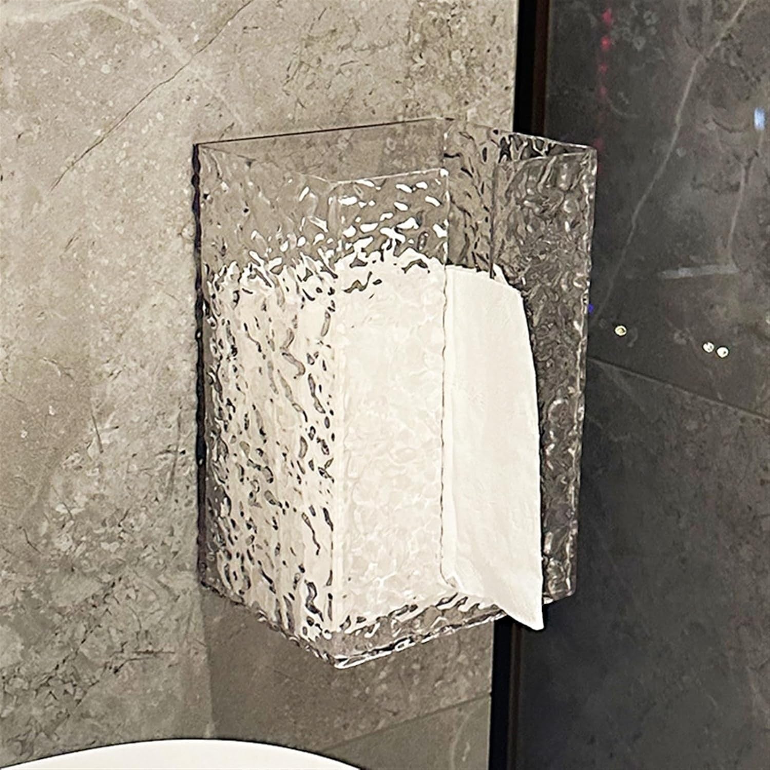 Waf Store Lebanon wall-mounted clear acrylic tissue box with a textured finish and U-shaped opening for easy access.
