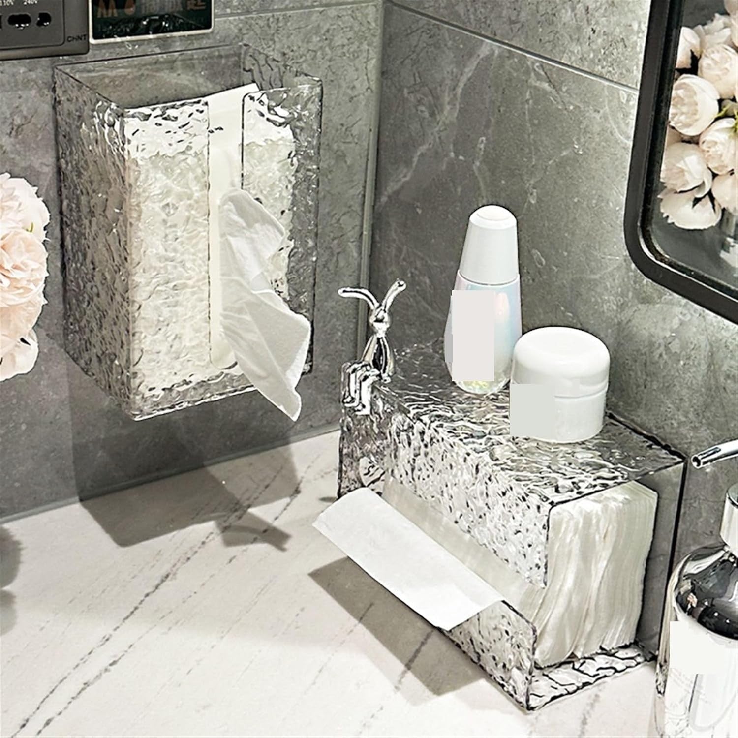 Waf Store Lebanon acrylic tissue boxes with a textured finish, featuring a wall-mounted design and a shelf for storage.