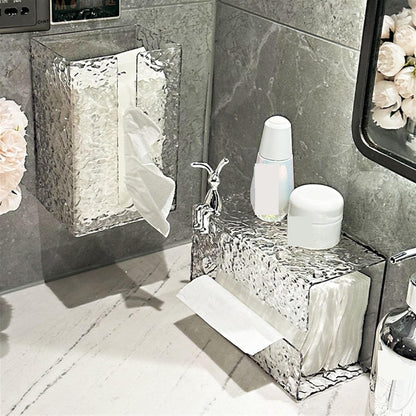 Waf Store Lebanon acrylic tissue boxes with a textured finish, featuring a wall-mounted design and a shelf for storage.