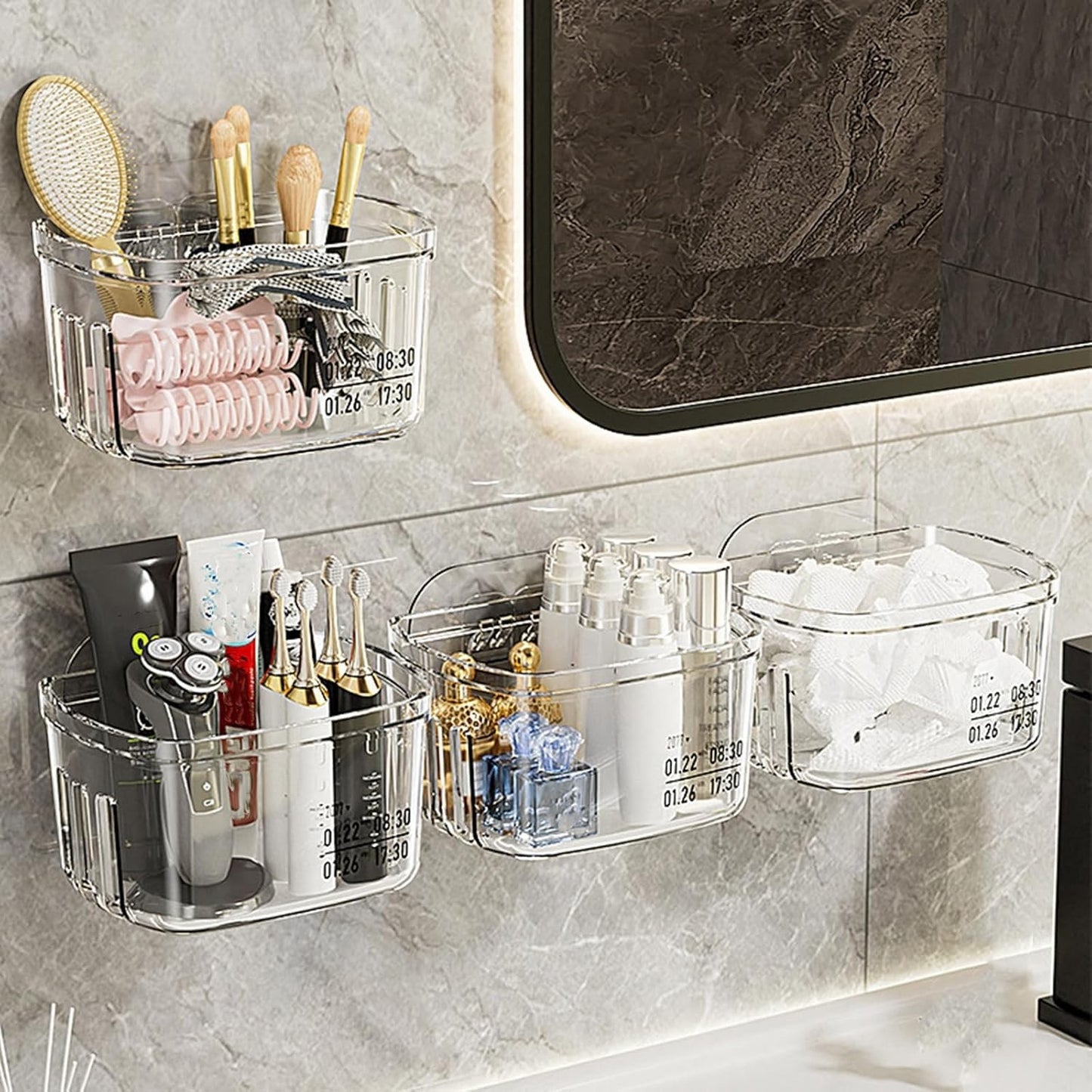 Waf Store Lebanon clear acrylic wall mounted storage boxes organizing bathroom essentials on a marble wall